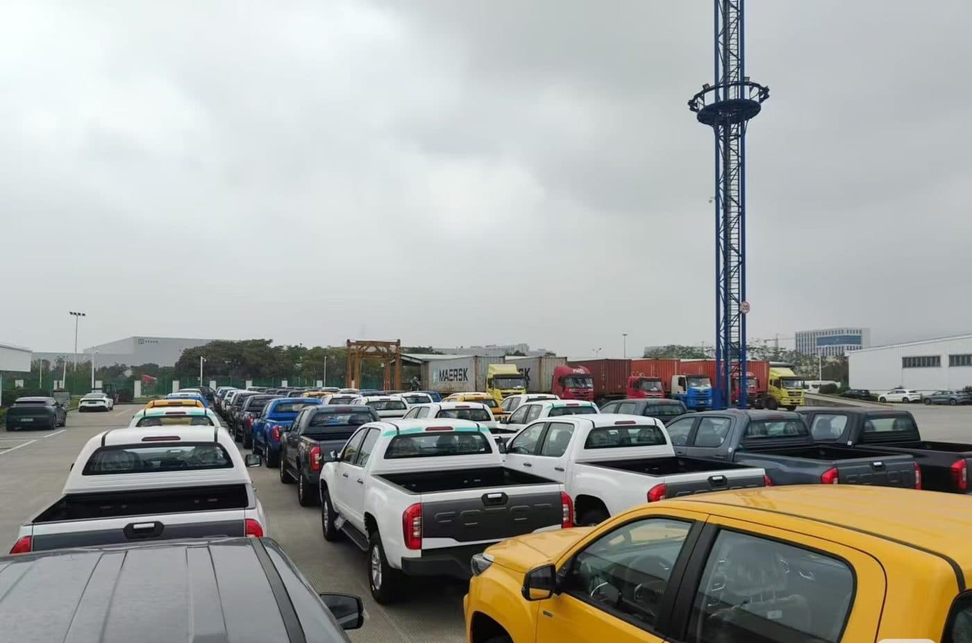 Export vehicles staged at a Chinese port yard before loading